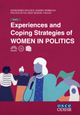 Women speaking at a podium on a magenta background with OSCE ODIHR logo.